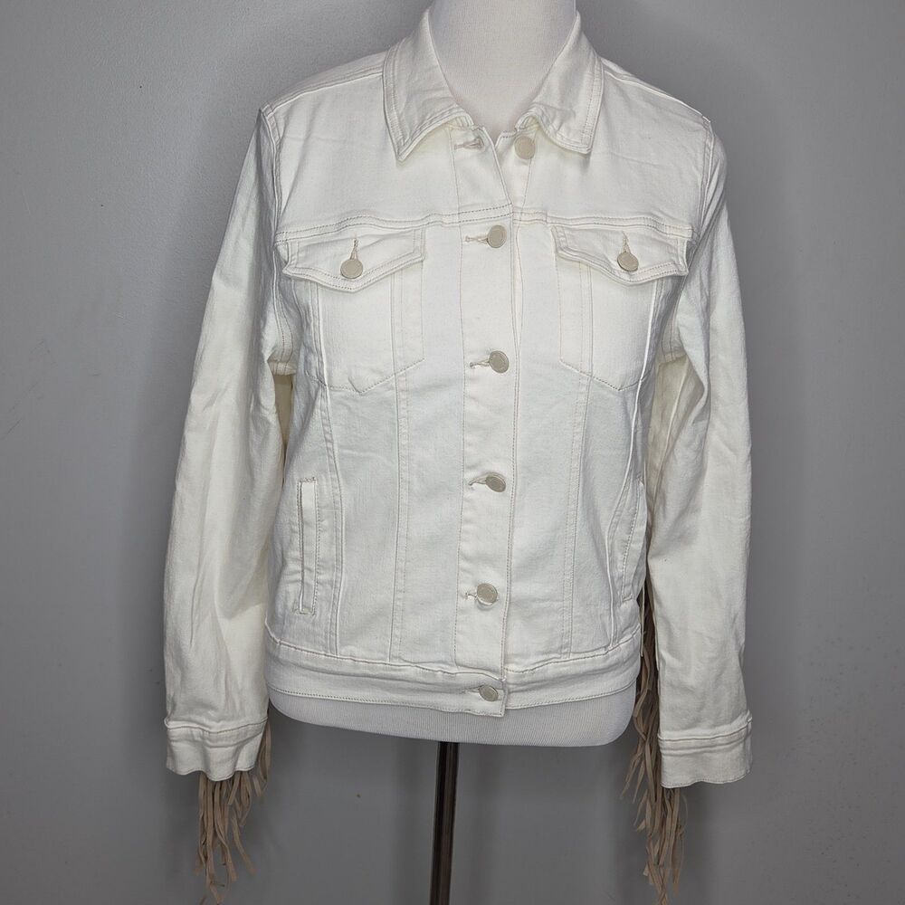 NWT Judy Blue White Denim Fringe Jacket Western Trucker Cowgirl Rodeo L JB7819